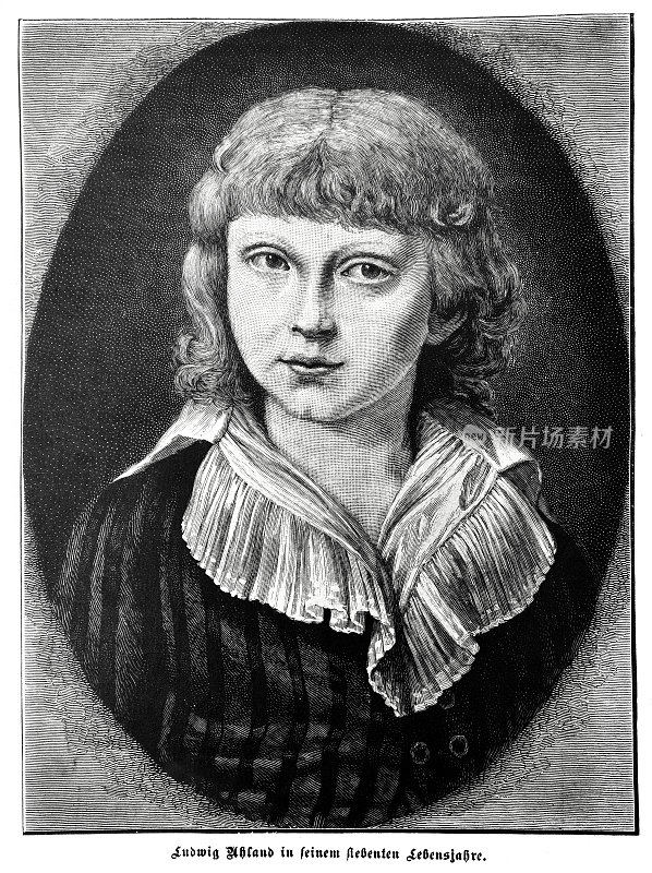 年轻的路德维希・乌兰的肖像。德国诗人，1787 - 1862